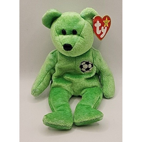 Ty Beanie Baby Kicks Soccer Bear 8.5” Beanbag Plush Green with Tag VTG 1999 - Picture 1 of 4
